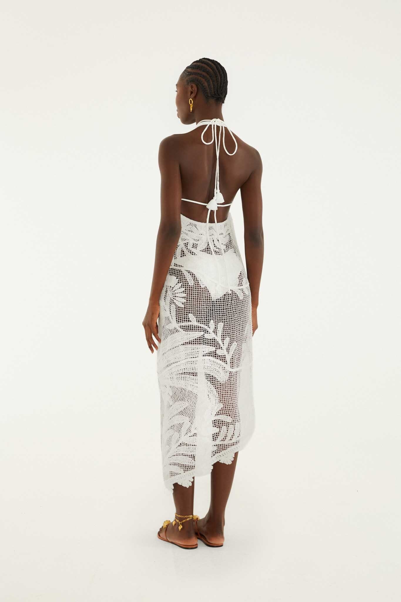 White Crochet Halter Neck Sheer Midi Dress