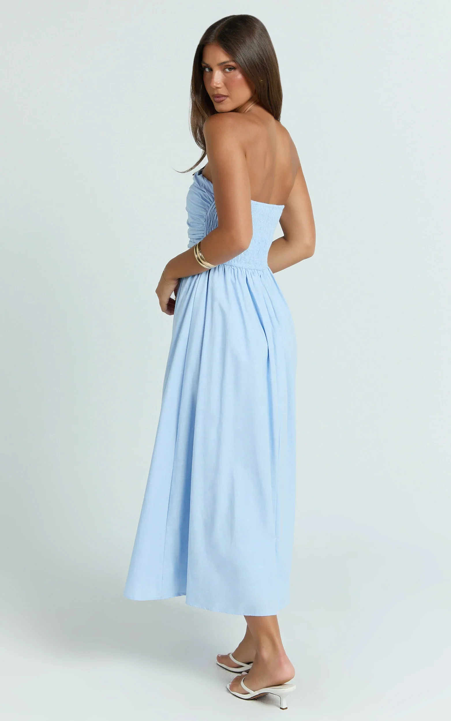 Polly Midi Dress - Strapless Ruched Dress in Blue