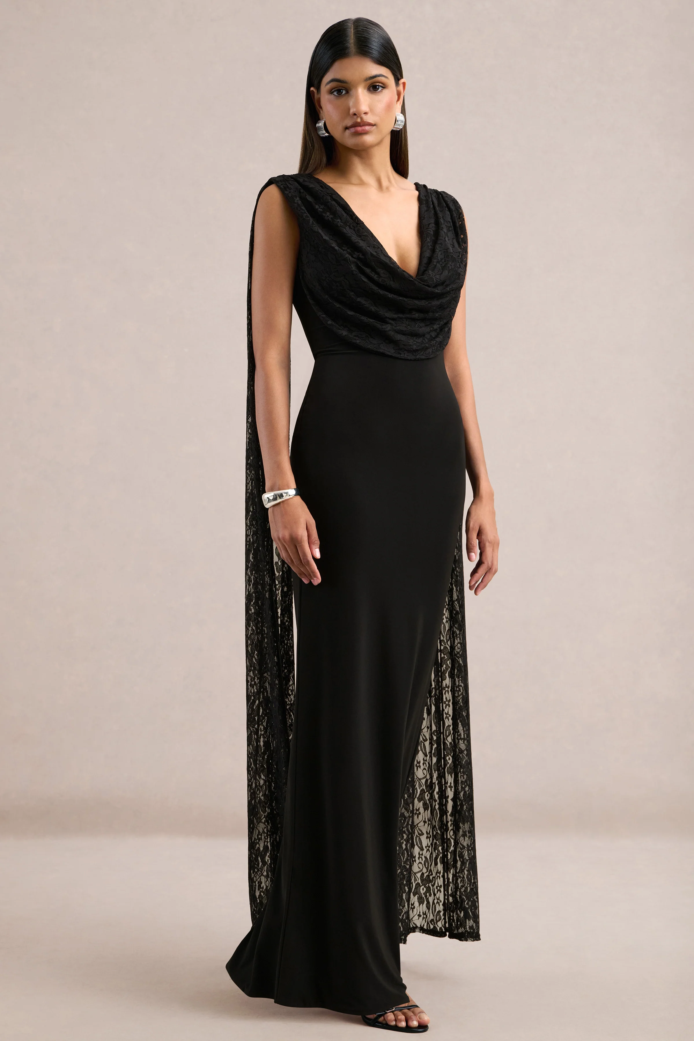 Eliette | Black Jersey Ruched V Neck Maxi Dress With Draped Detailing And Lace Cape