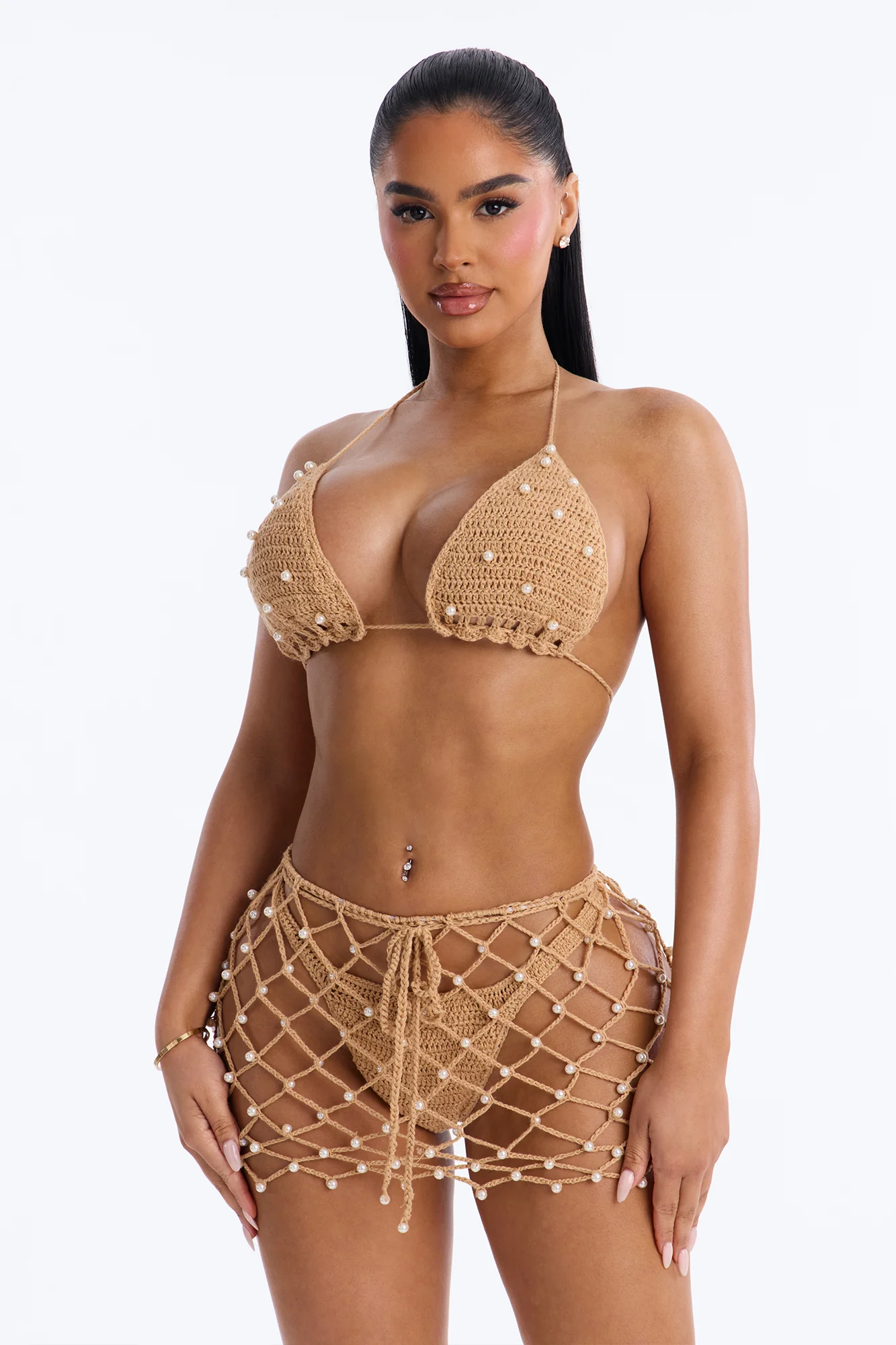 Kendra Crochet Pearls 3 Piece Bikini Skirt Set - Taupe