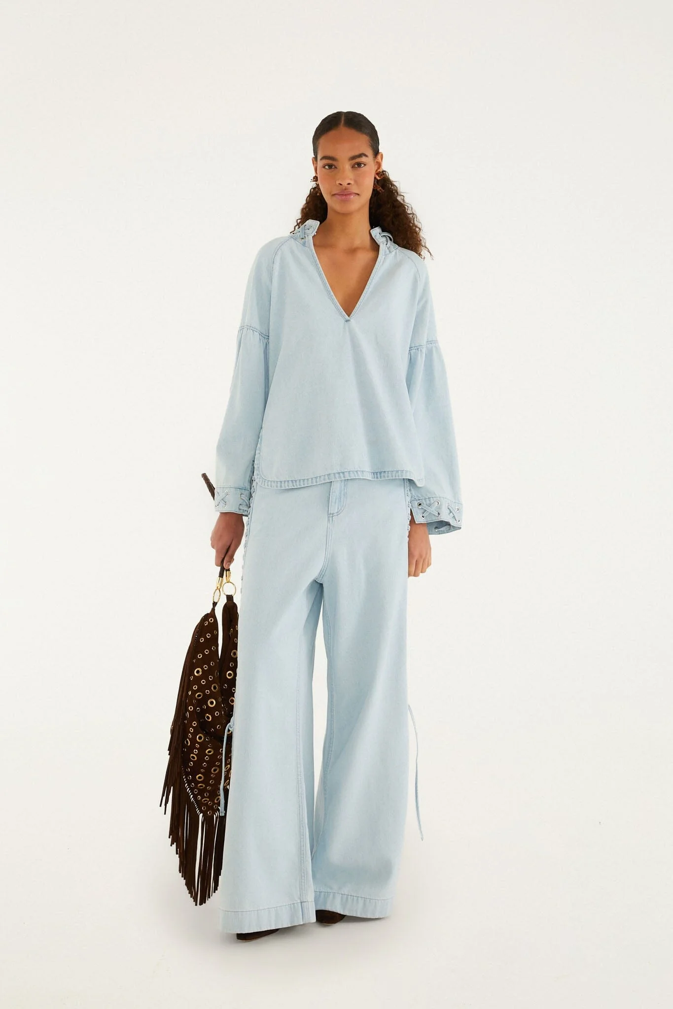 Light Denim Ties Wide-Leg Pants
