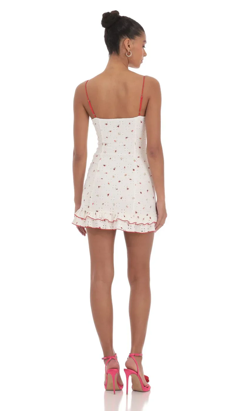 Floral Eyelet Ruffle Dress in White