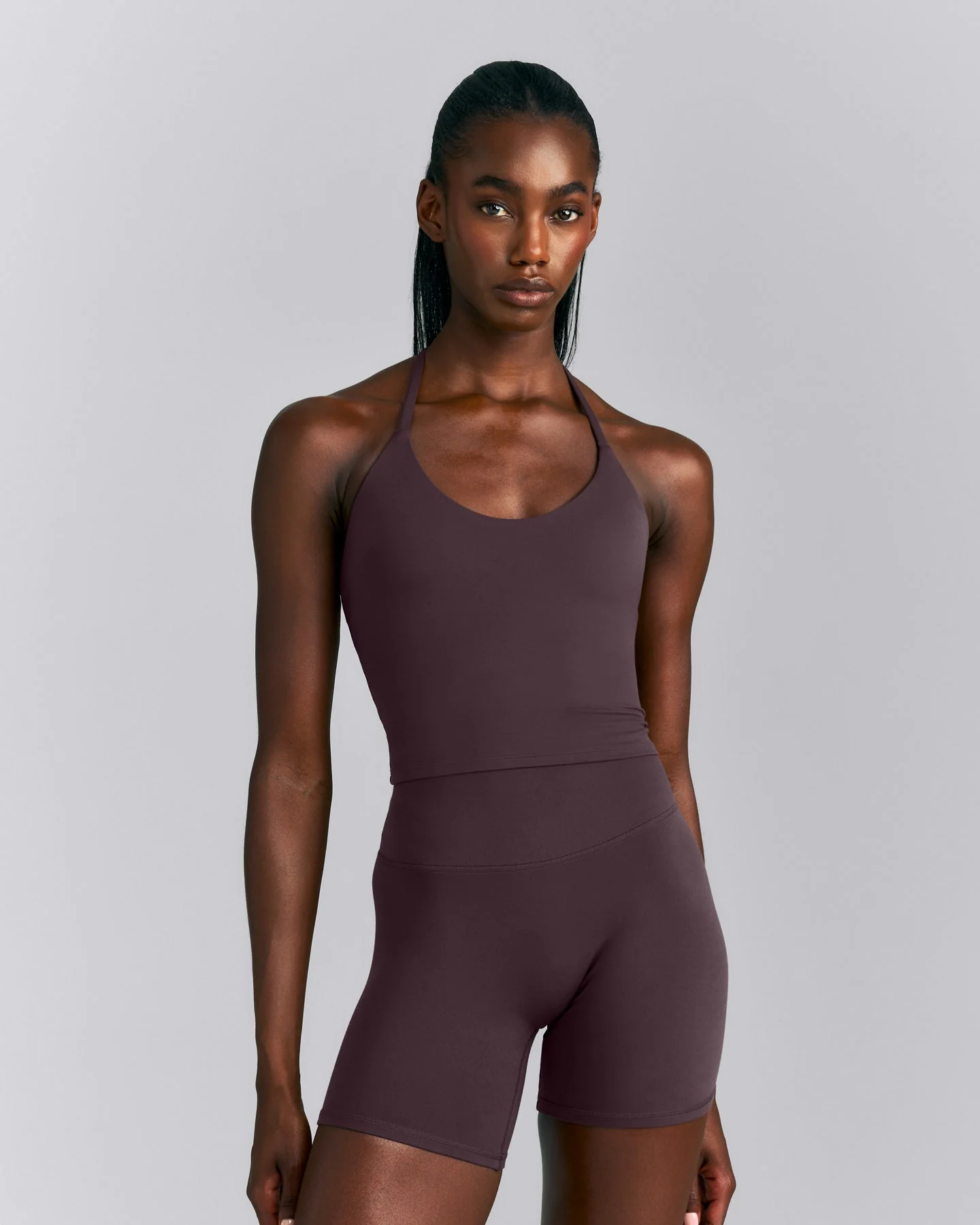 SoftMotion™ Strappy Halter Neck Mid Tank Top with Built in Bra Shelf New Branding | Dark Umber Brown