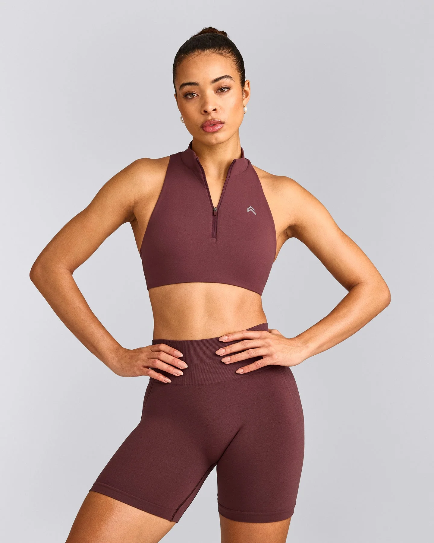 EasyLift™ Zip High Neck Sports Bra with Grey Logo | Velvet Mocha