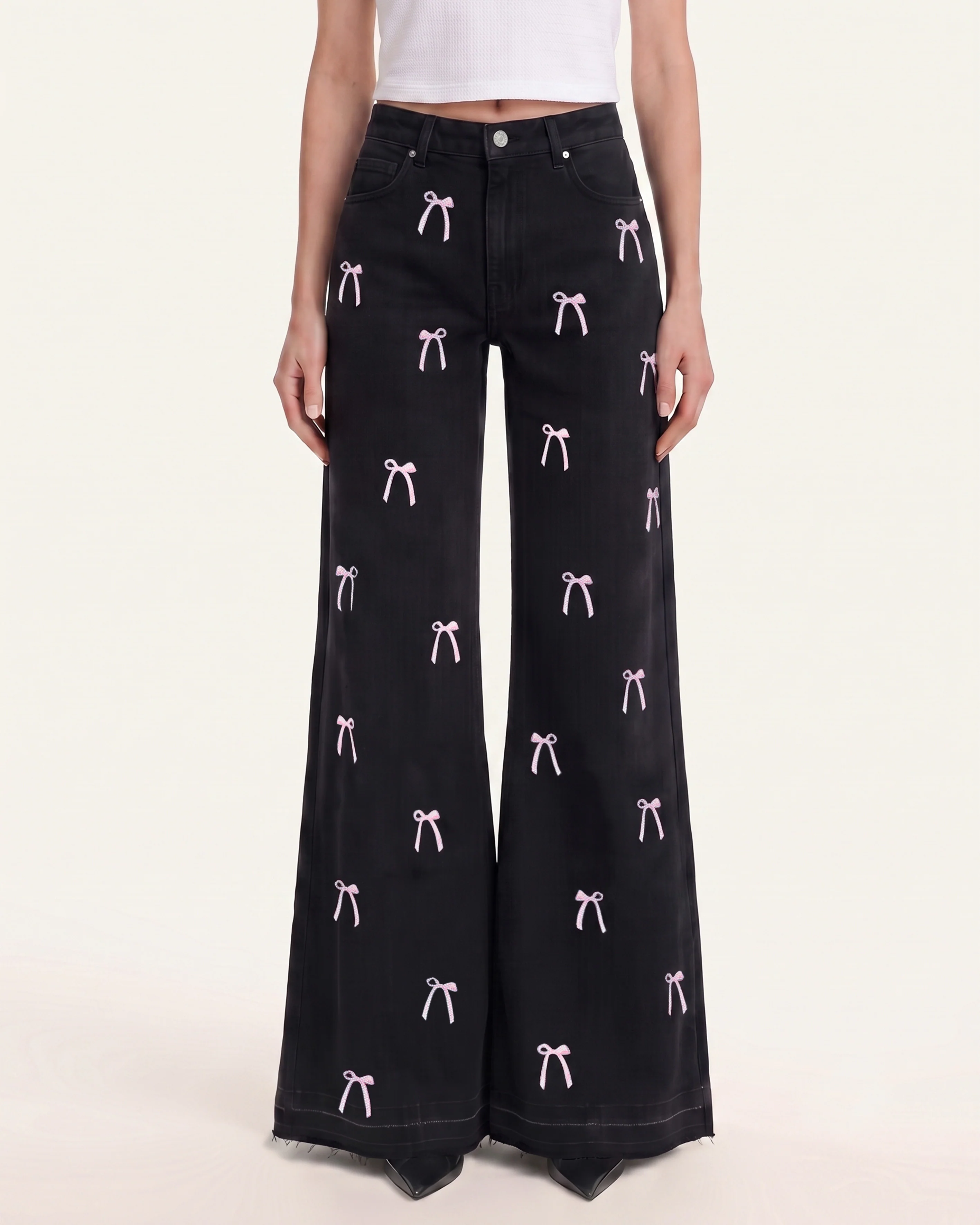 The Rebel Pink Ribbon Split Fray Jeans  - Black
