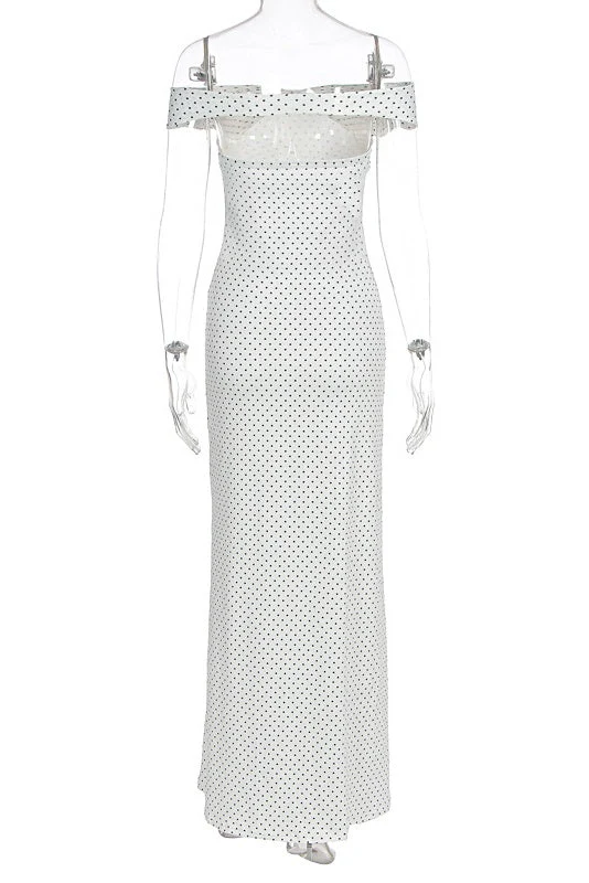 White Off-shoulder Polka Dot Long Dress