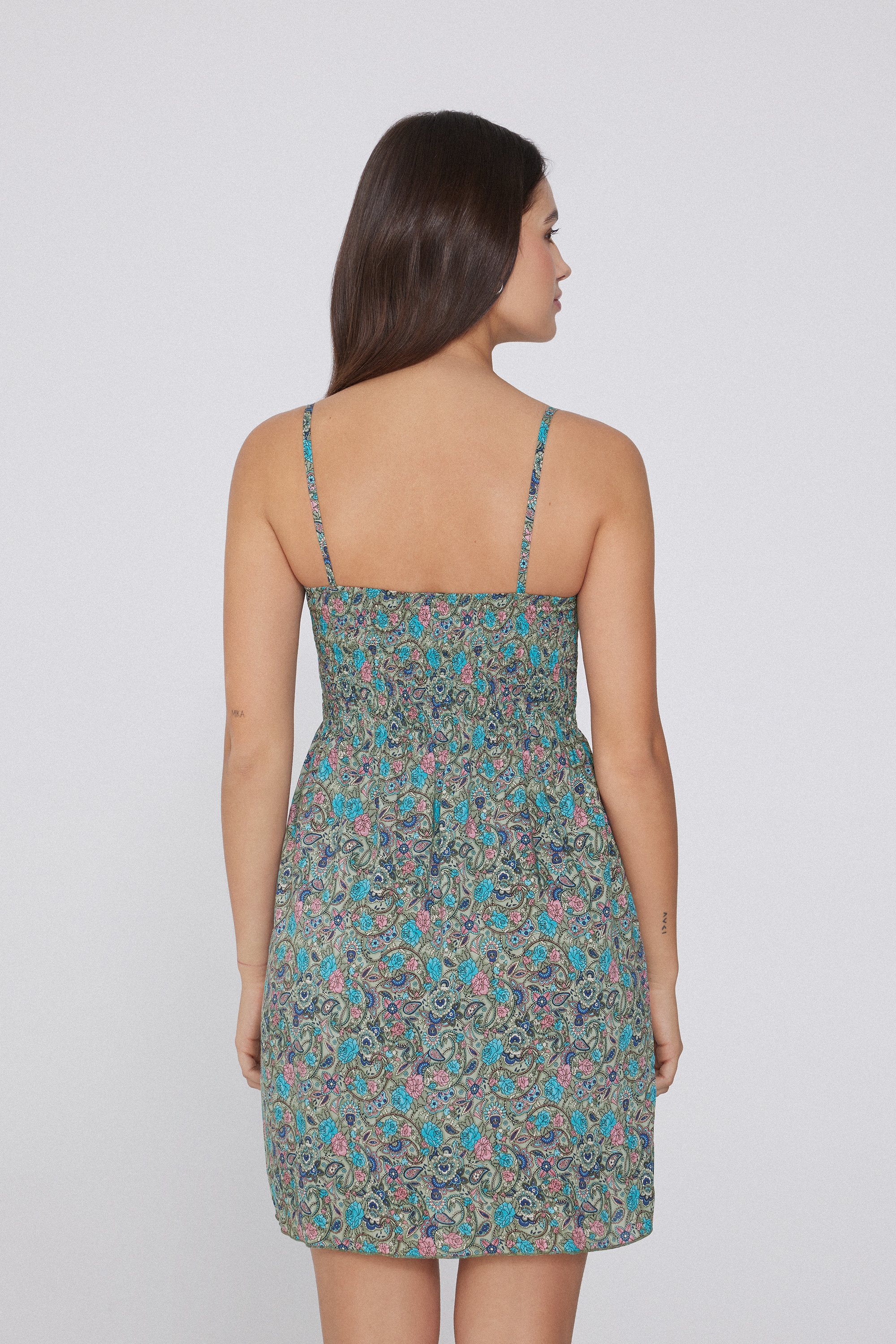 Viscose Smocked Dress with Narrow Shoulder Straps