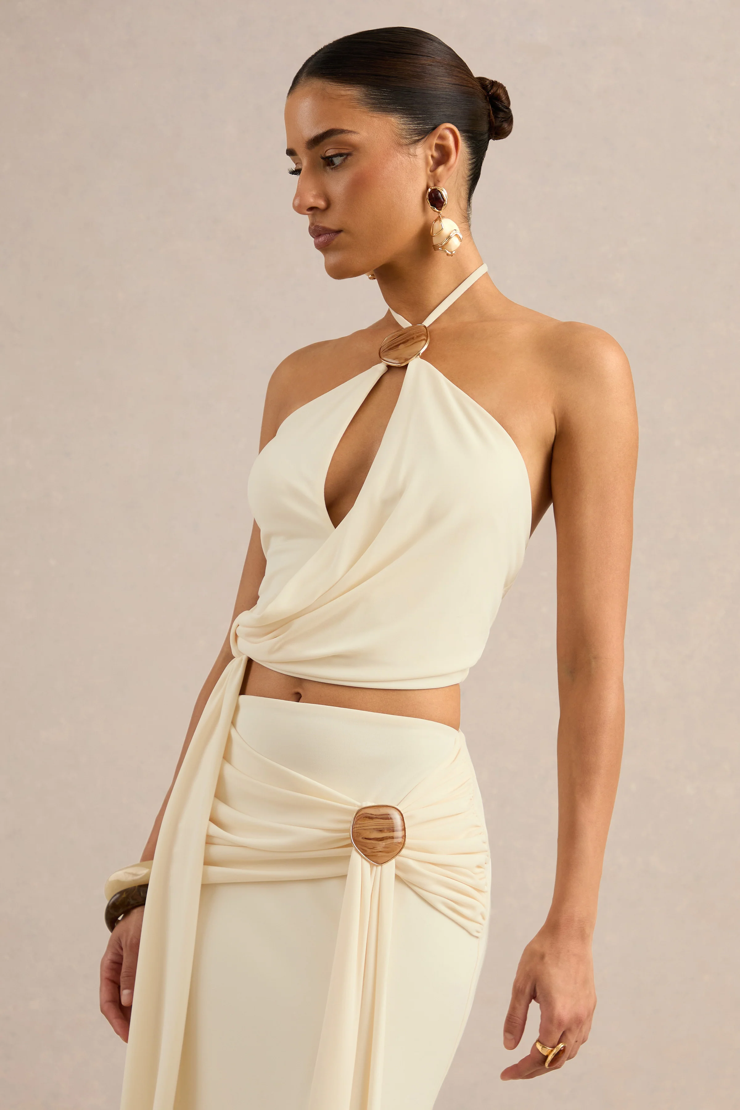Liviana | Cream Halter-Neck Top With Sash Detailing And Gold Detail
