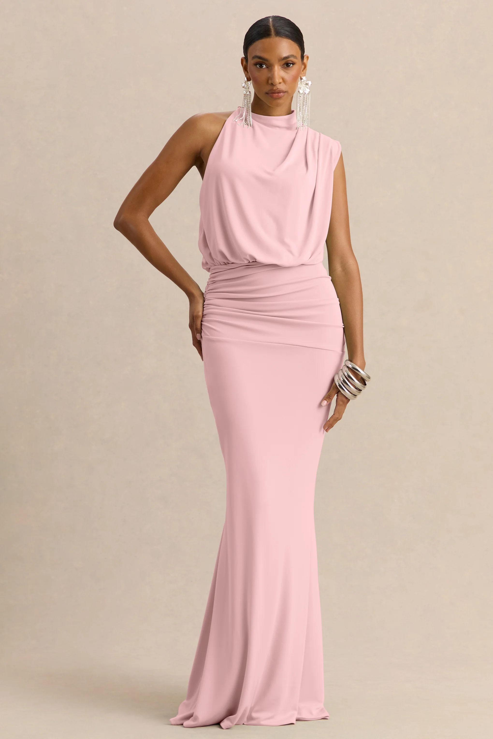 Umaira | Light Pink Ruched High Neck Maxi Dress With Draped Detailing