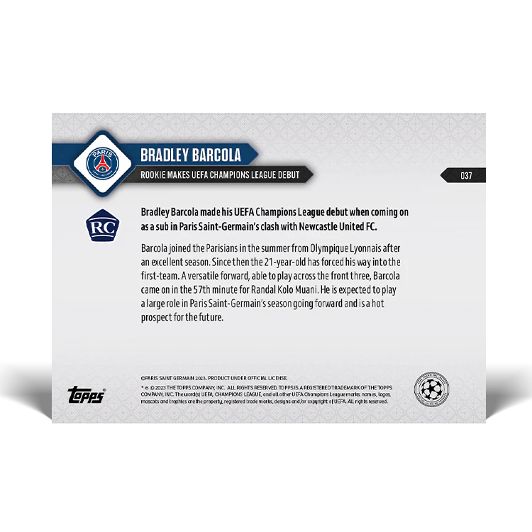 Topps UK - Bradley Barcola - Rookie makes UEFA Champions League debut - UCL TOPPS NOW® Card #37