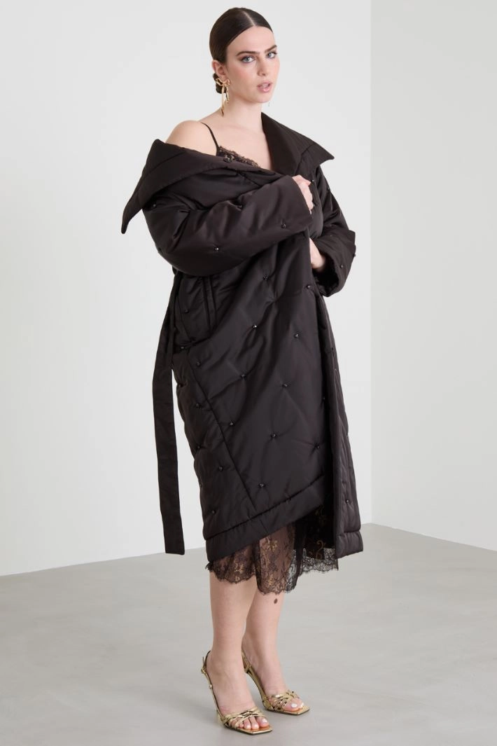 Long padded coat with rhinestones - BROWN