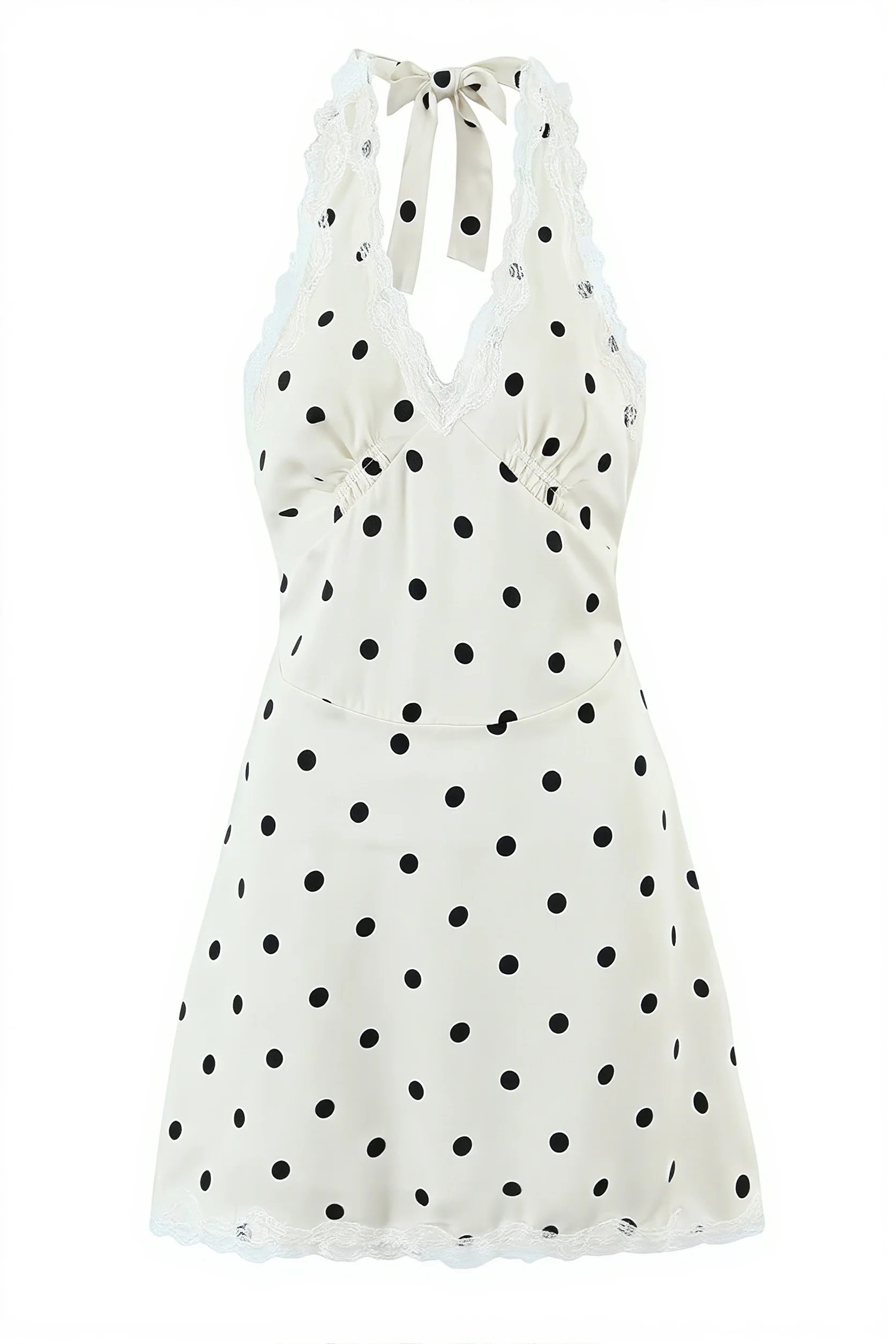 Polka Dot Lace Trim Halter V Neck Mini Dress