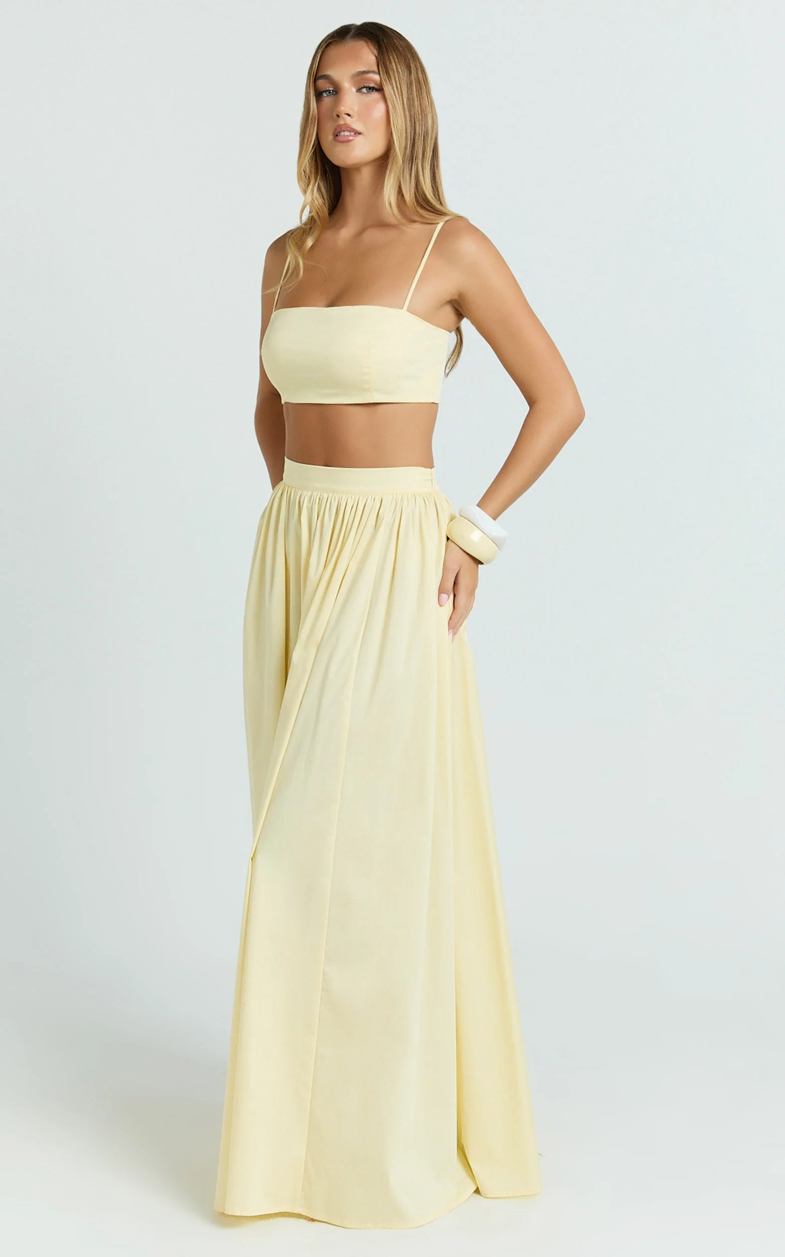 Tegan Two Piece Set - Straight Neck Micro Crop Top and A Line Maxi Skirt Set in Butter Yellow