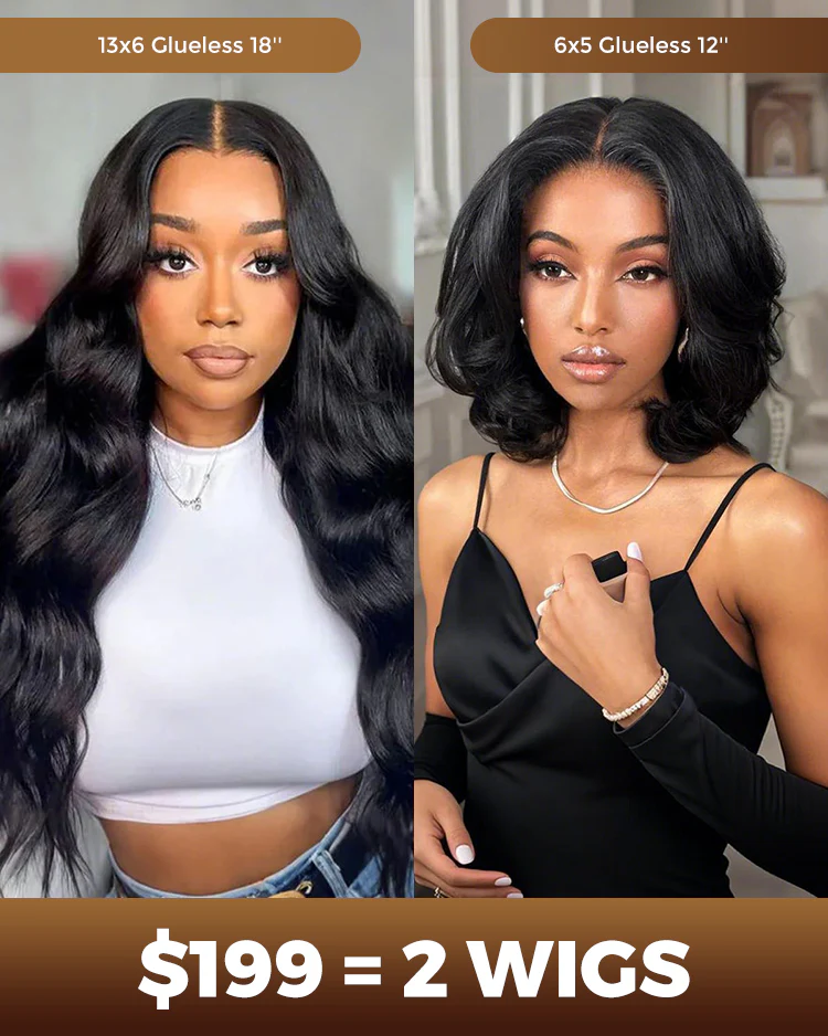 $300 = 2 WIGS | 18inch 13x6 Three-Go? Glueless Body Wave Plus 12inch 6x5 Glueless Pre-cut Lace Loose Wave Bob Wig