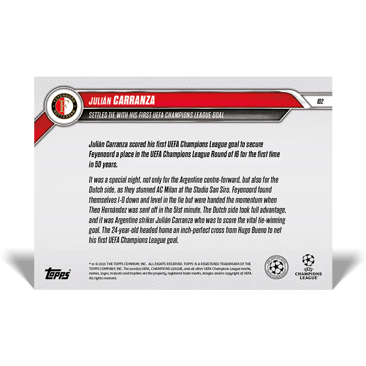 Julián Carranza - Settles tie with his first UEFA Champions League goal - 24/25 UCL Topps NOW® Card 102