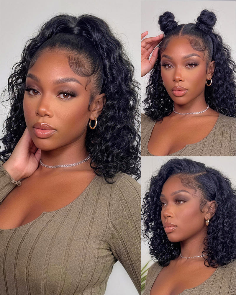 Ophirawig 13x5 Lace Glueless Water Wave Bob Wig With Pre-Cut Lace Invisible Knots Natural Black Virgin Hair Wig