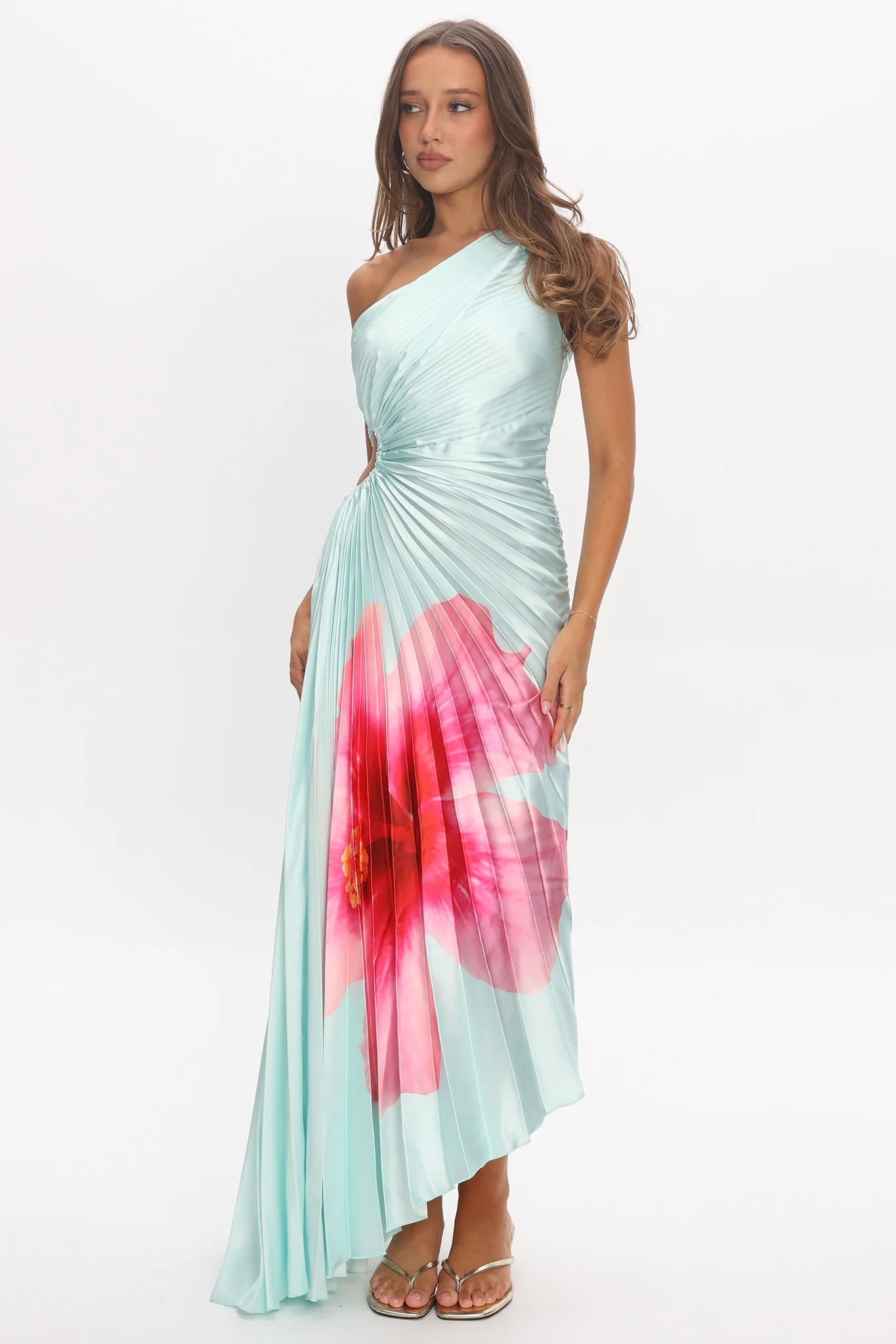 Amelie One-Shoulder Accordion Pleat Maxi Dress Hibiscus Mint