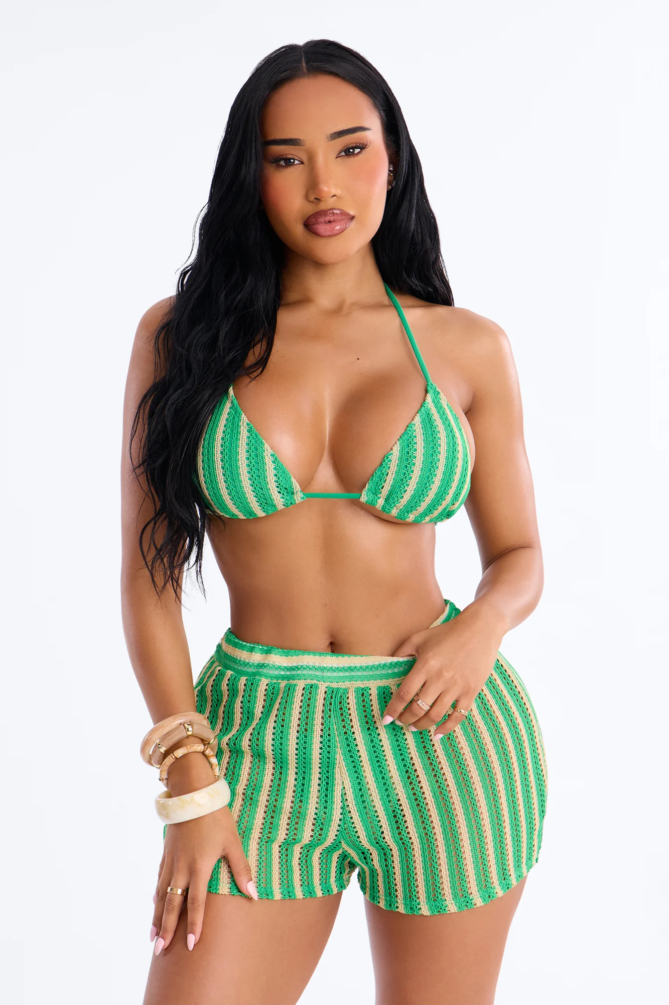Krissy Pinstripe 3 Piece Bikini Short Set - Green