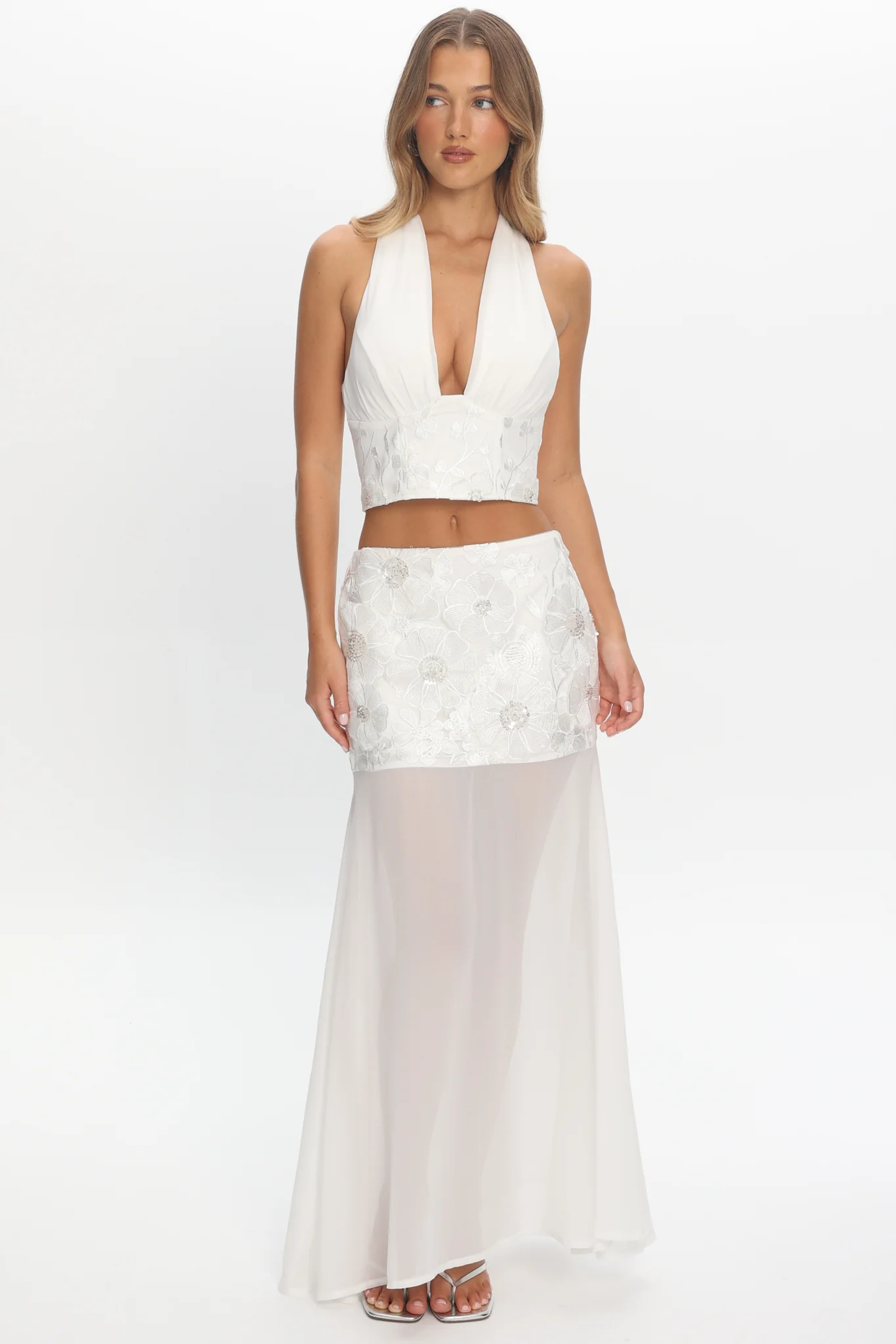 Opulent Sheer Hem Maxi Skirt Embroidered Off White