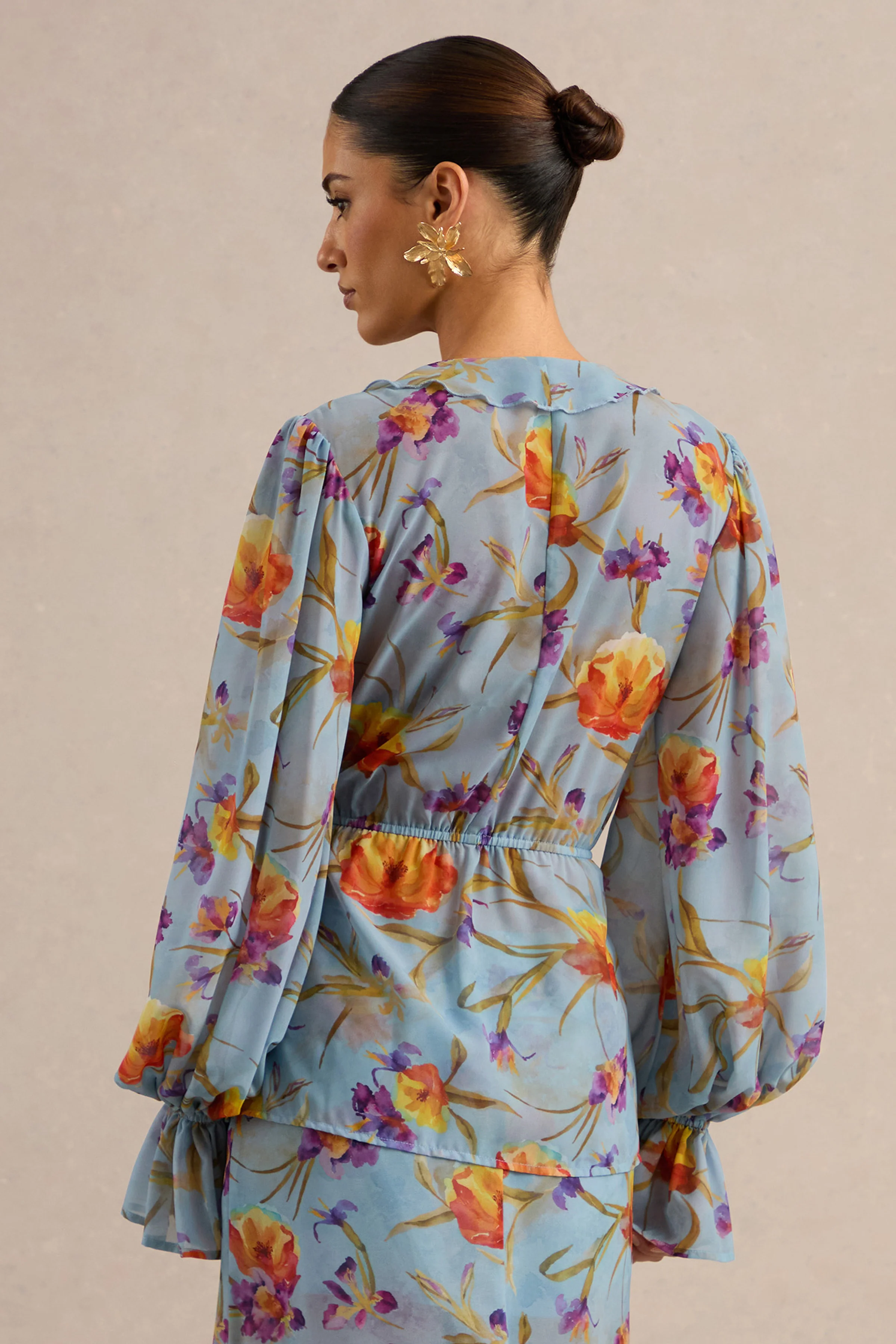 Alveta | Blue Floral Chiffon Sheer V-Neck Top With Ruffled Detailing