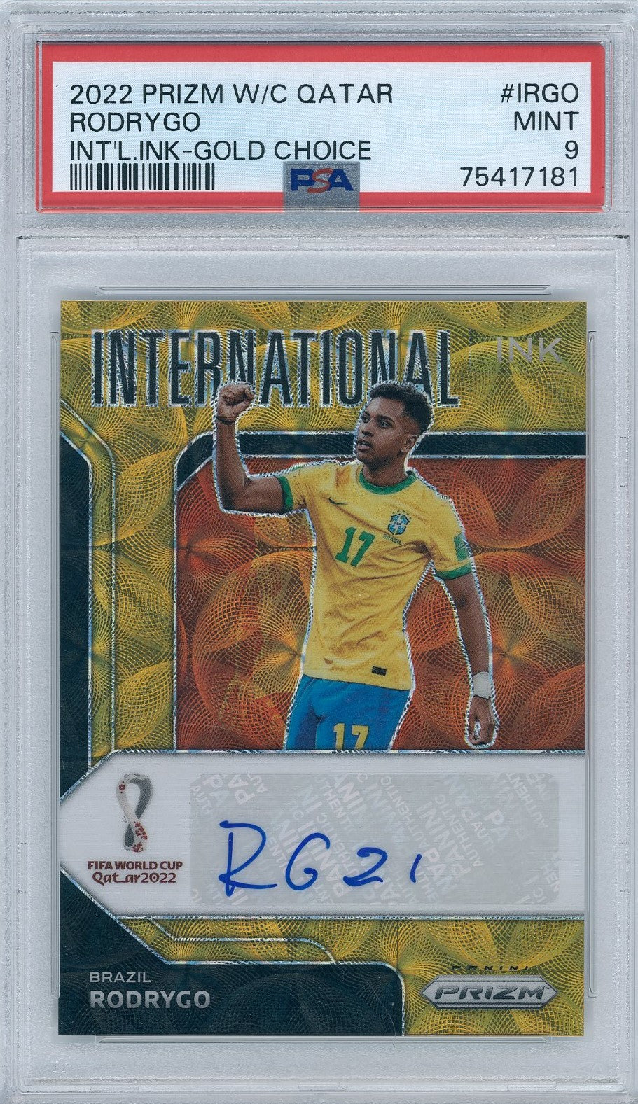 2022 Panini Soccer Prizm World Cup Qatar #IRGO Rodrygo International Ink 10/10 Auto PSA 9