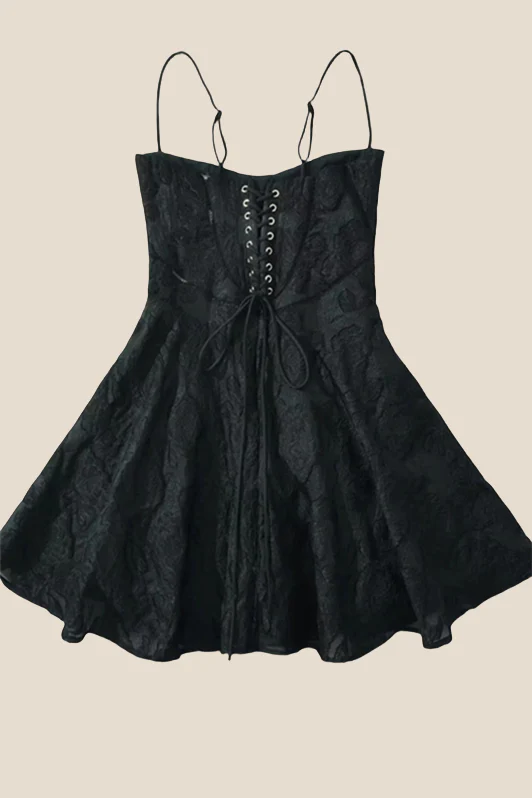 Spaghetti Straps Black Floral A-line Short Dress