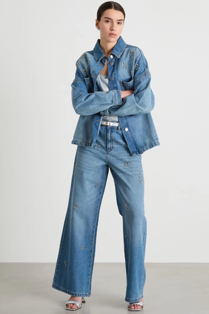 Wide-leg jeans with rhinestones - LIGHT BLUE