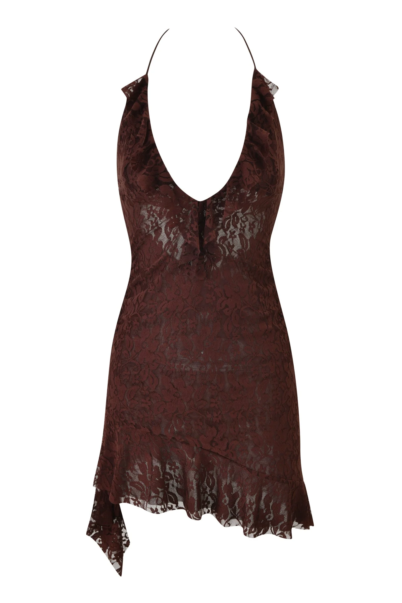 Vira Lace Halter Ruffle Mini Dress - Brown : Chocolate