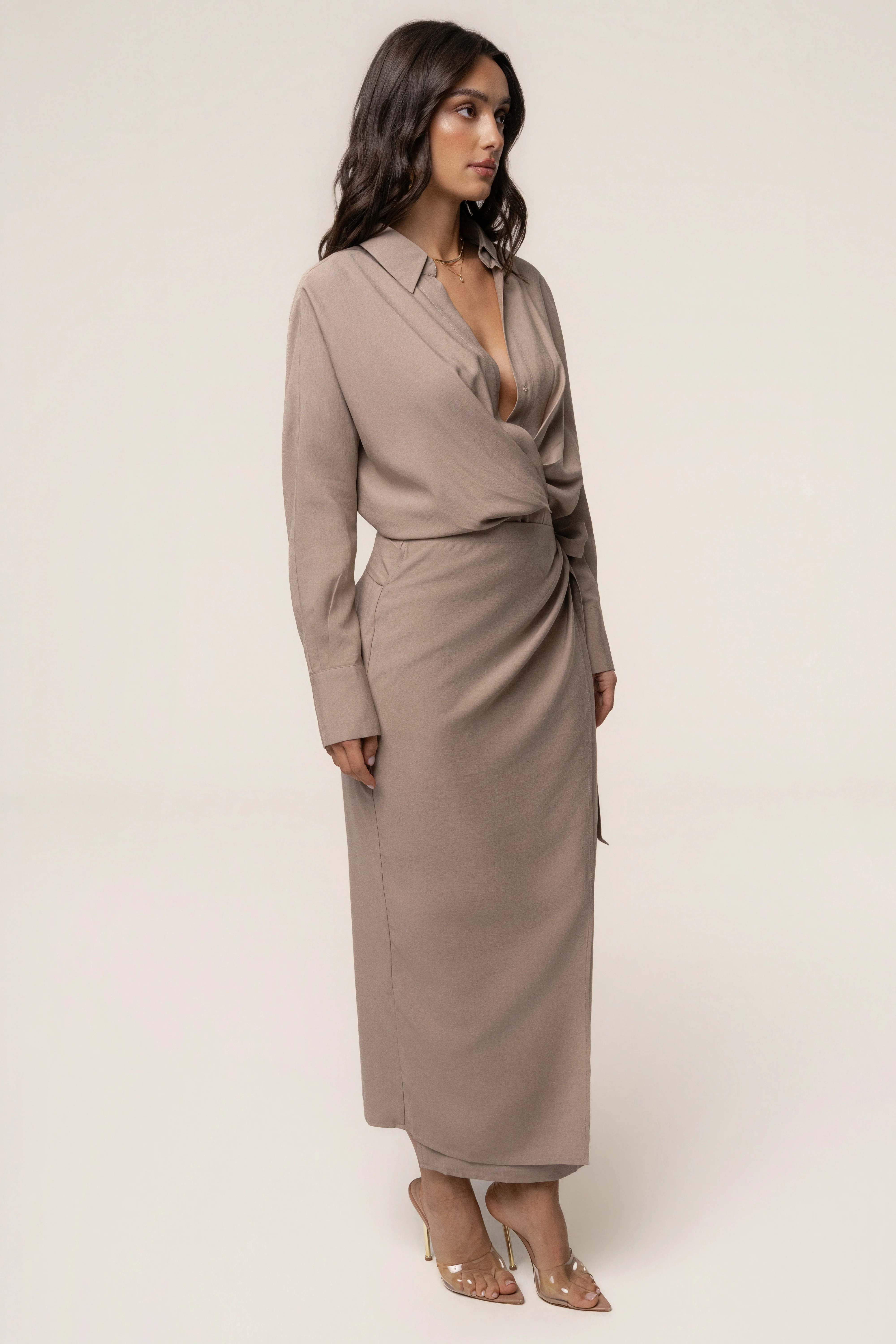 Beige Skyline Wrap Midi Dress