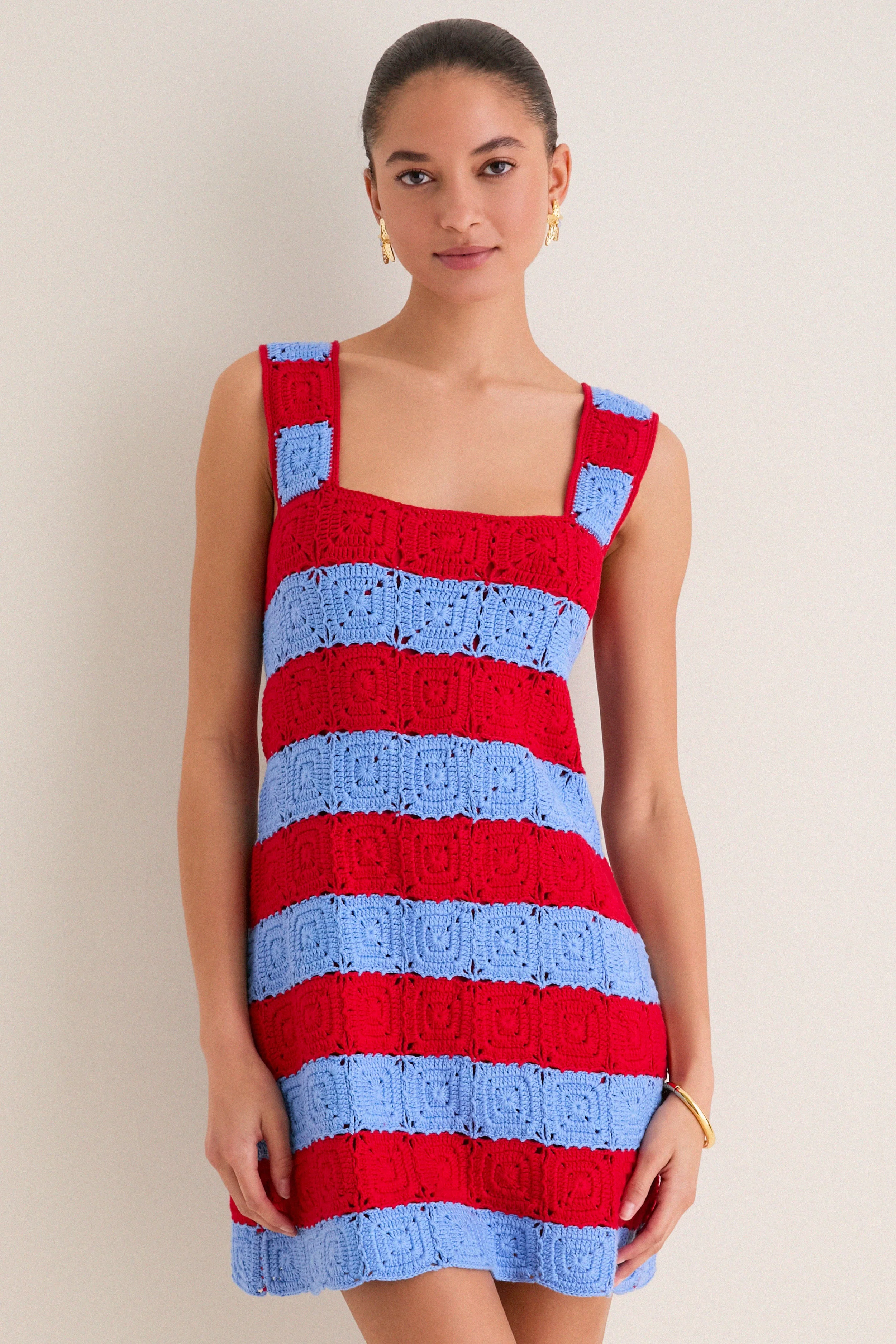 Cornflower Blue & Red Crochet Cooper Mini Dress