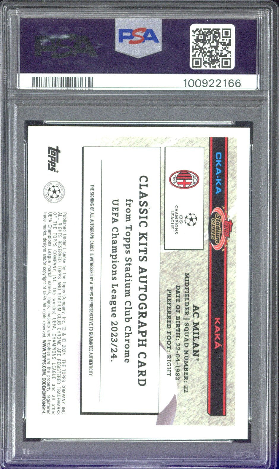 2023-24 Topps Stadium Chrome UCC Kaka Classic Kits Autograph /50 #CKAKA PSA 10 AUTO 10