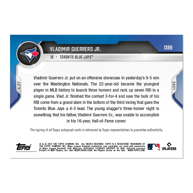 On-Card Auto # to 49 - Vladimir Guerrero Jr. - 2021 MLB TOPPS NOW® Card 138B