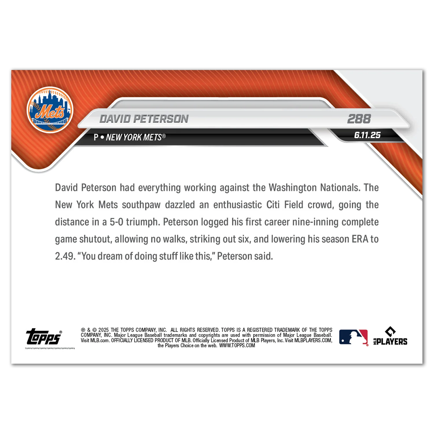 David Peterson - 2025 MLB Topps NOW® - Card 288