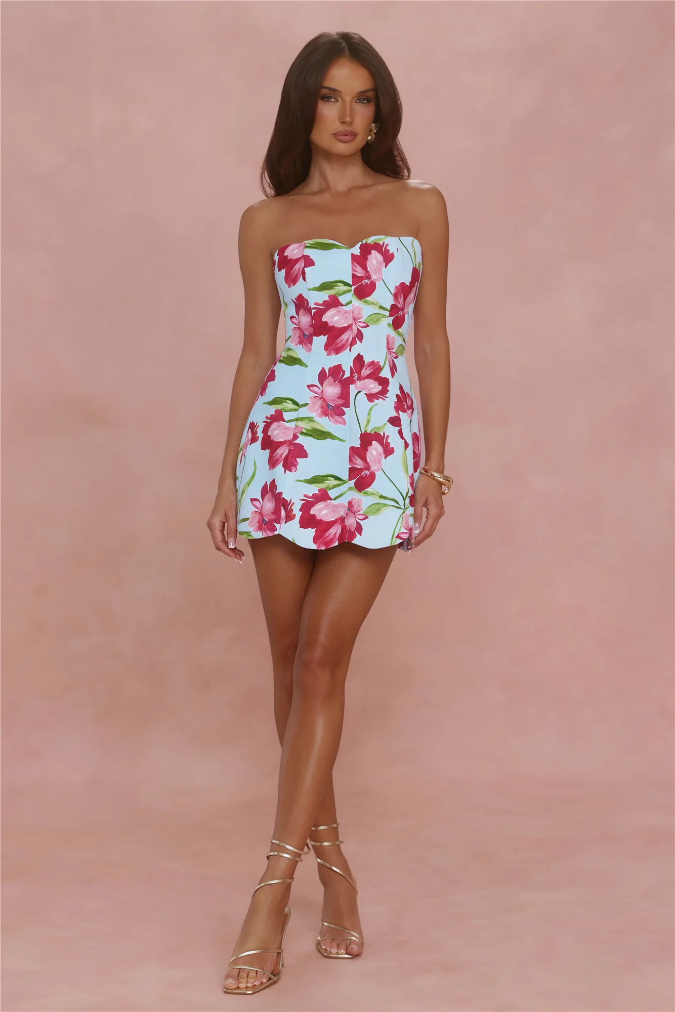 Crimson Bloom Strapless Mini Dress Blue