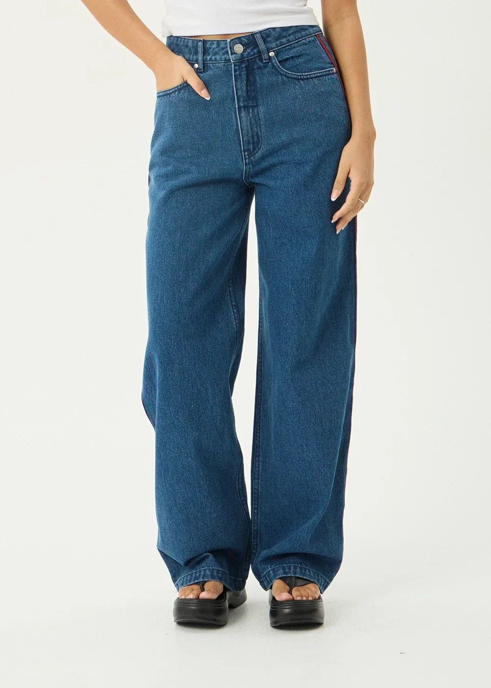 AFENDS Womens Bella Stripe - Denim Wide Leg Jean - Authentic Blue