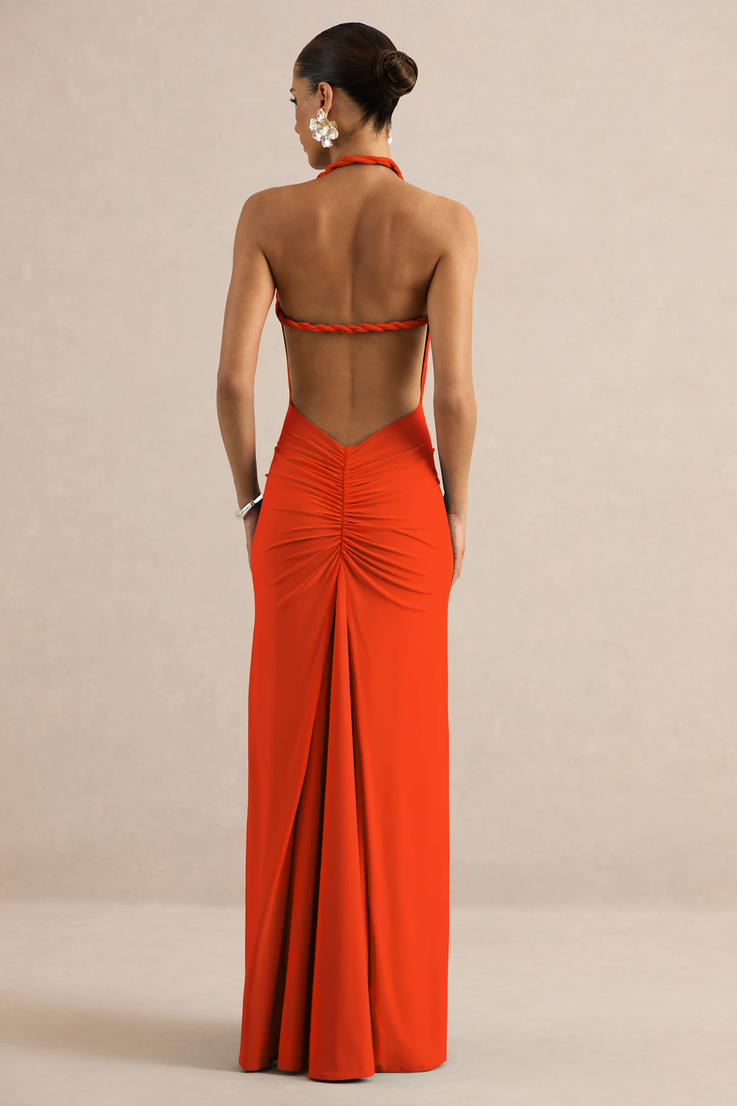 Elirae | Orange Asymmetric-Neck Maxi Dress With Twist Strap And Front High Split