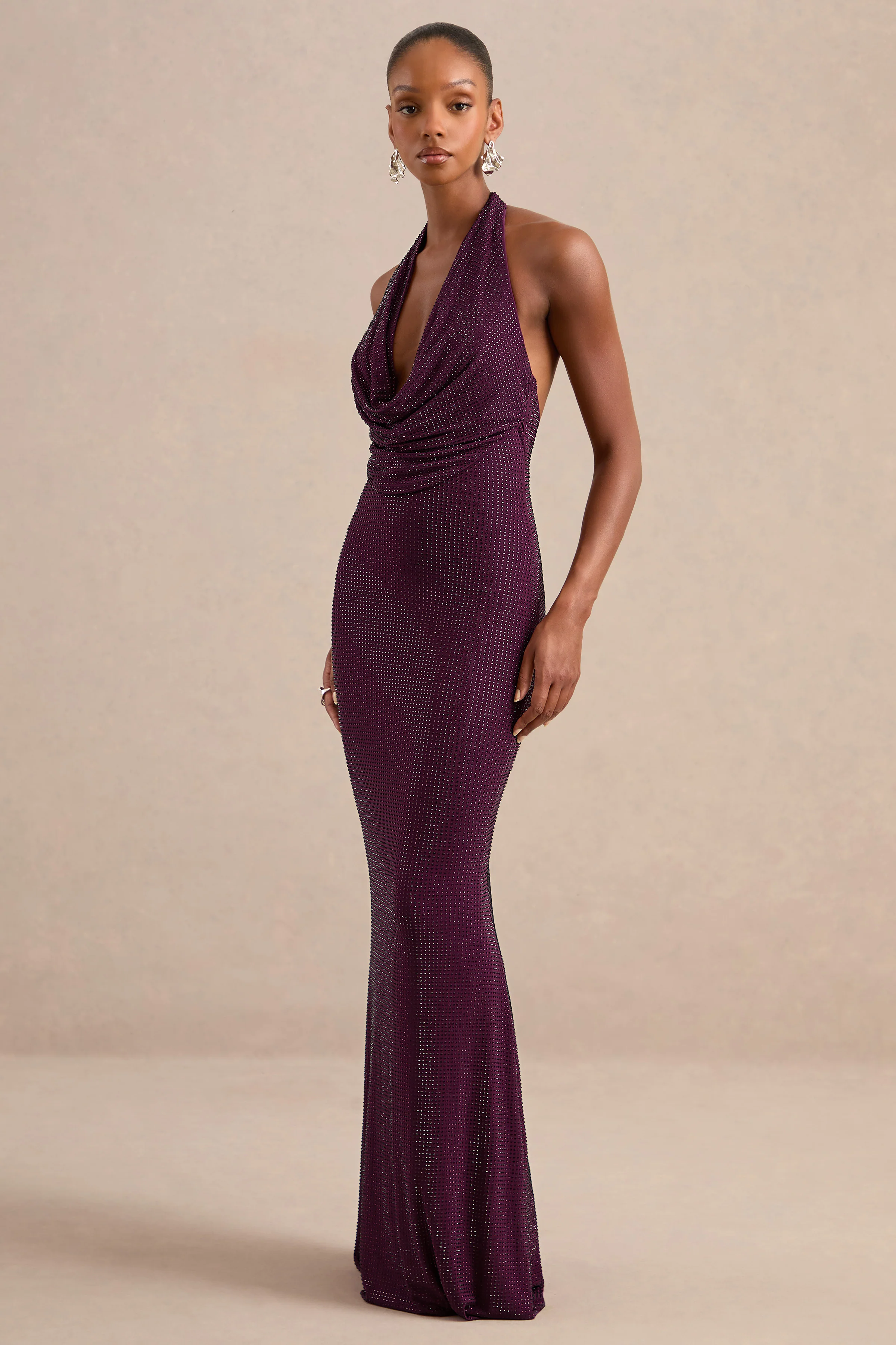 Aleia | Purple Embellished Plunge Maxi Dress With Low Back