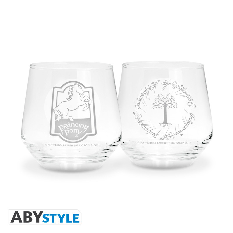 THE LORD OF THE RINGS 2 Glass Set Prancing Pony & Gondor tree