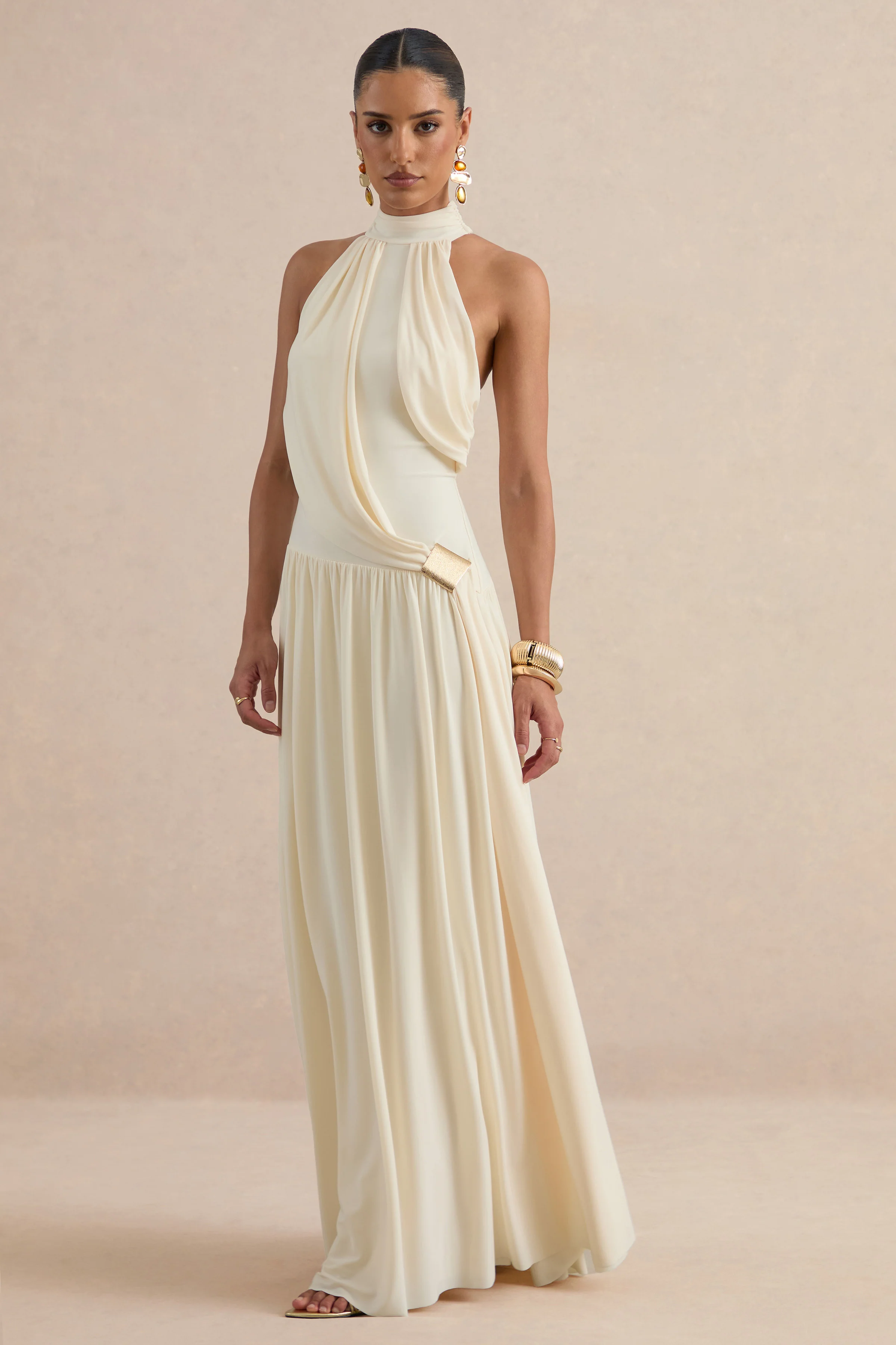 Sibel | Cream Jersey Ruched High Neck Maxi Dress With Draped Detailing And Gold Trim
