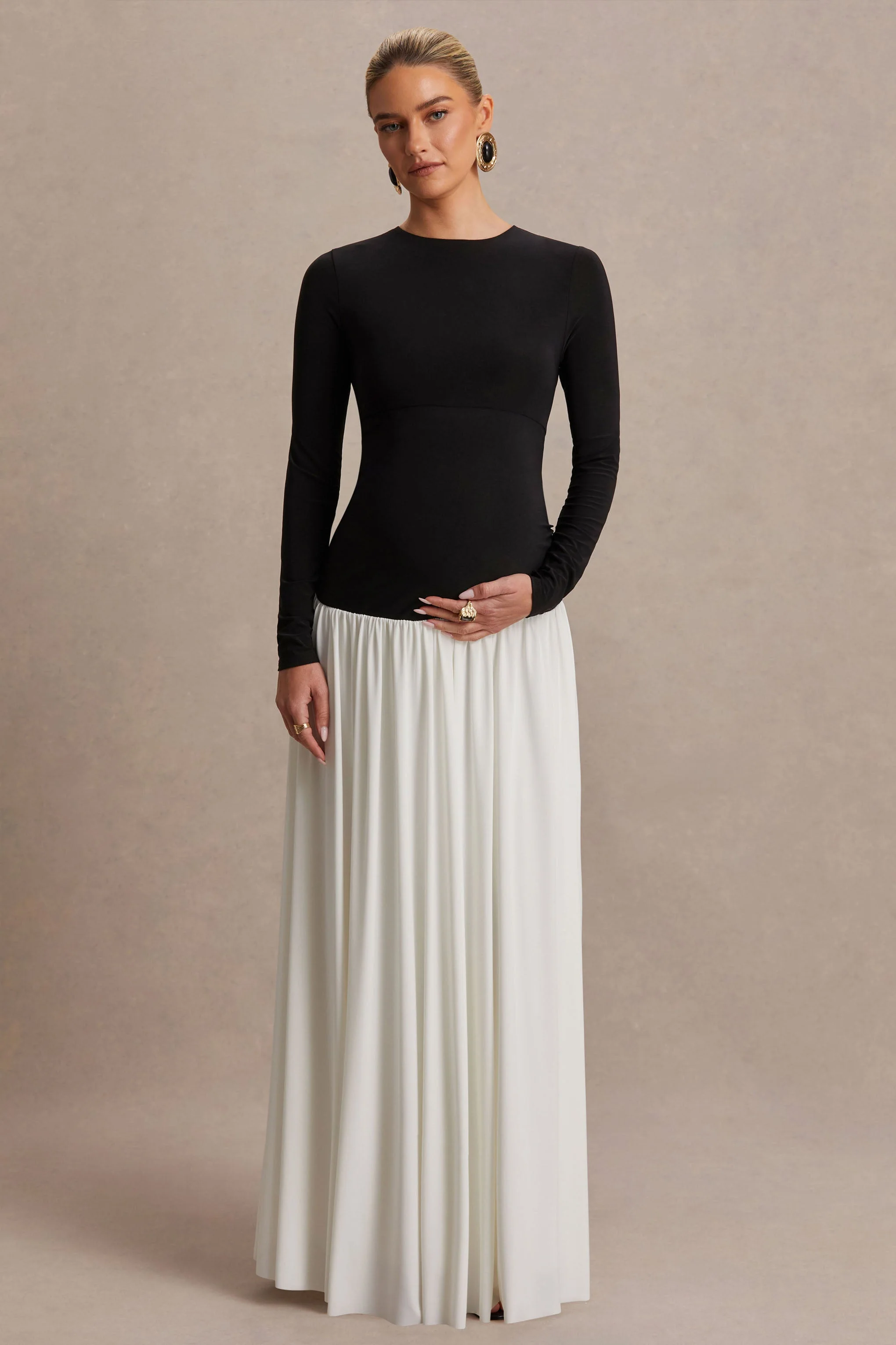 Monroe | Black And White Crew-Neck Maternity Maxi Dress With Drop-Waist