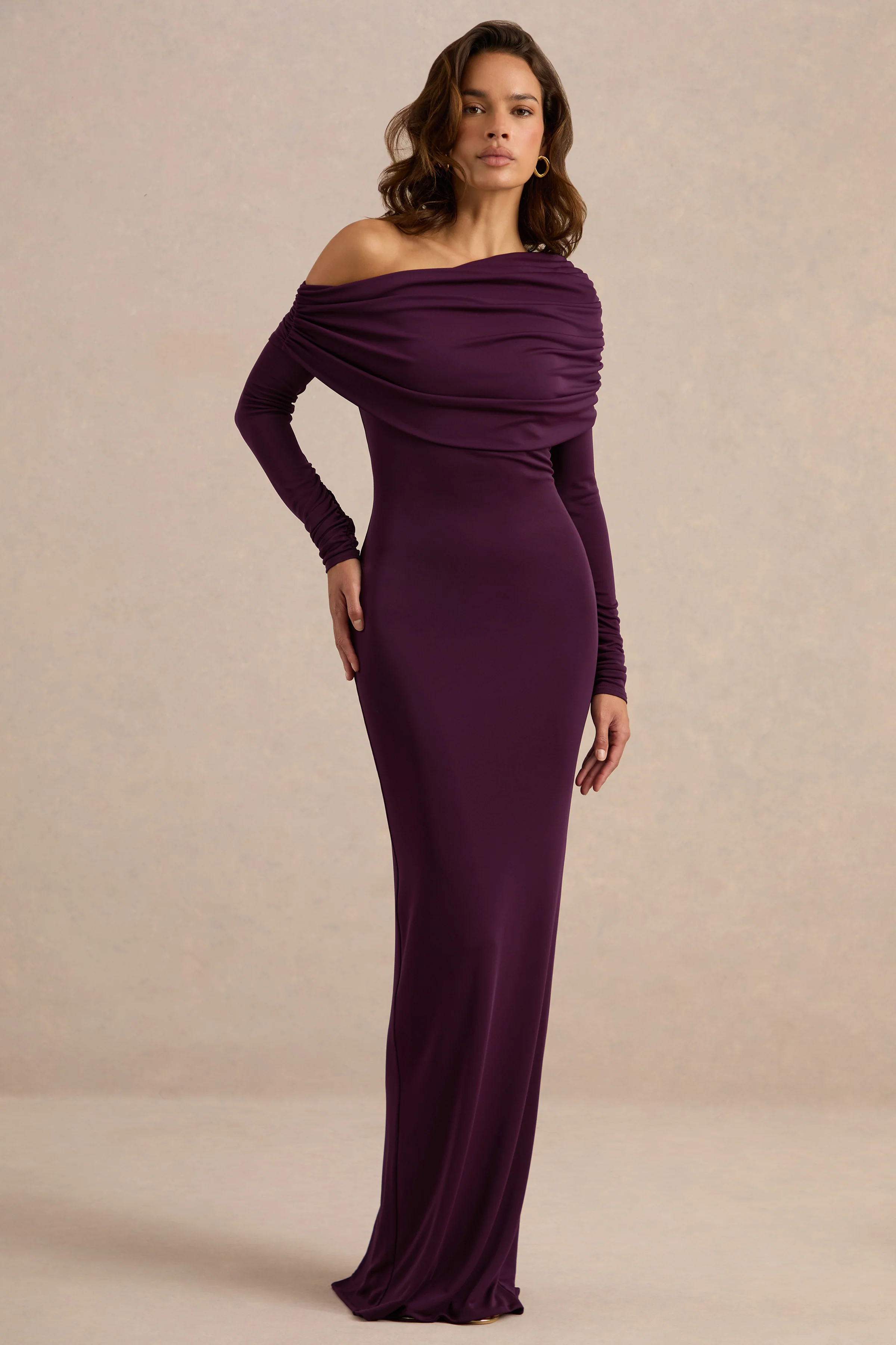 Eulalie | Purple One Shoulder Long Sleeve Maxi Dress With Ruching