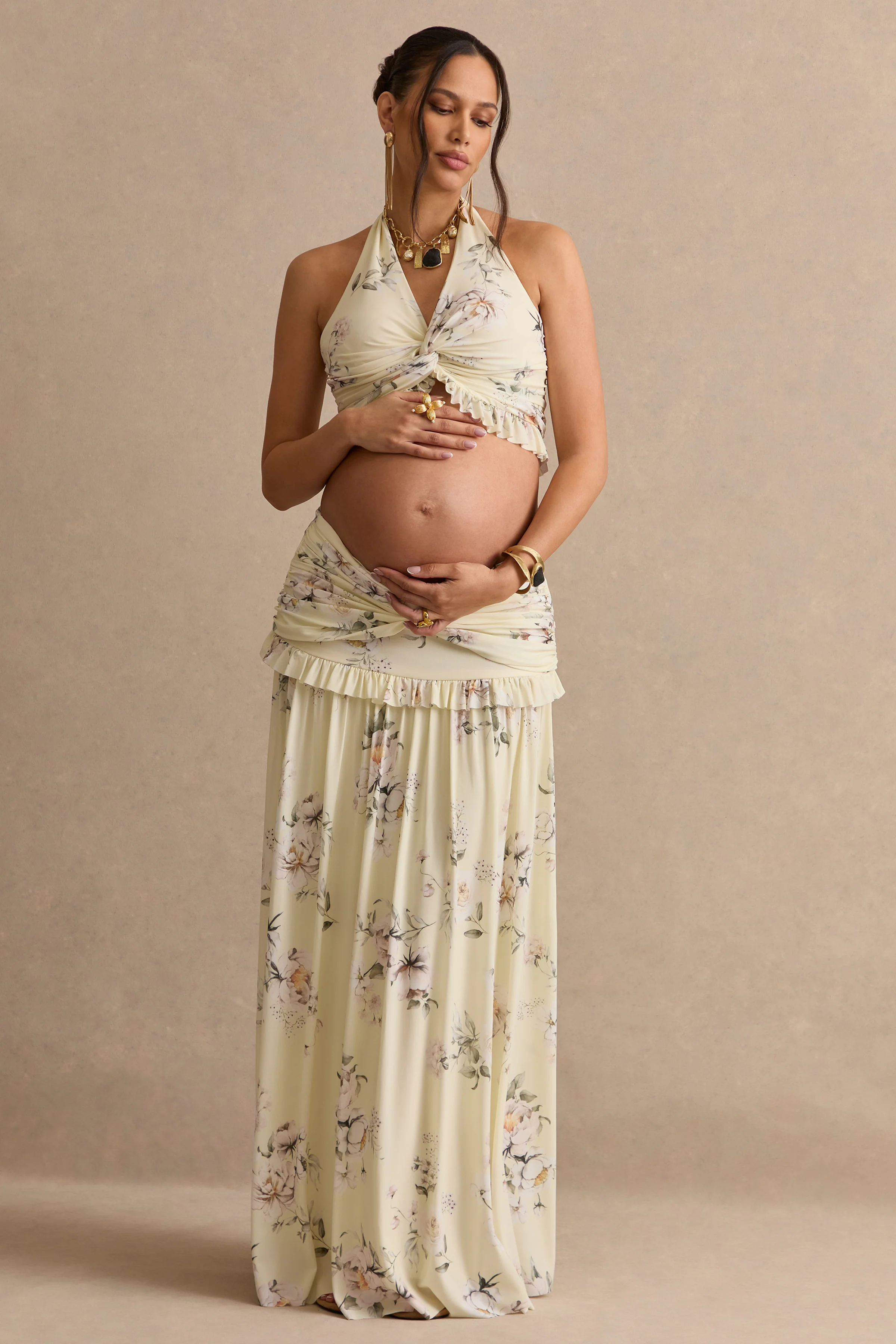 Clovia | Yellow Floral Print Maxi Skirt