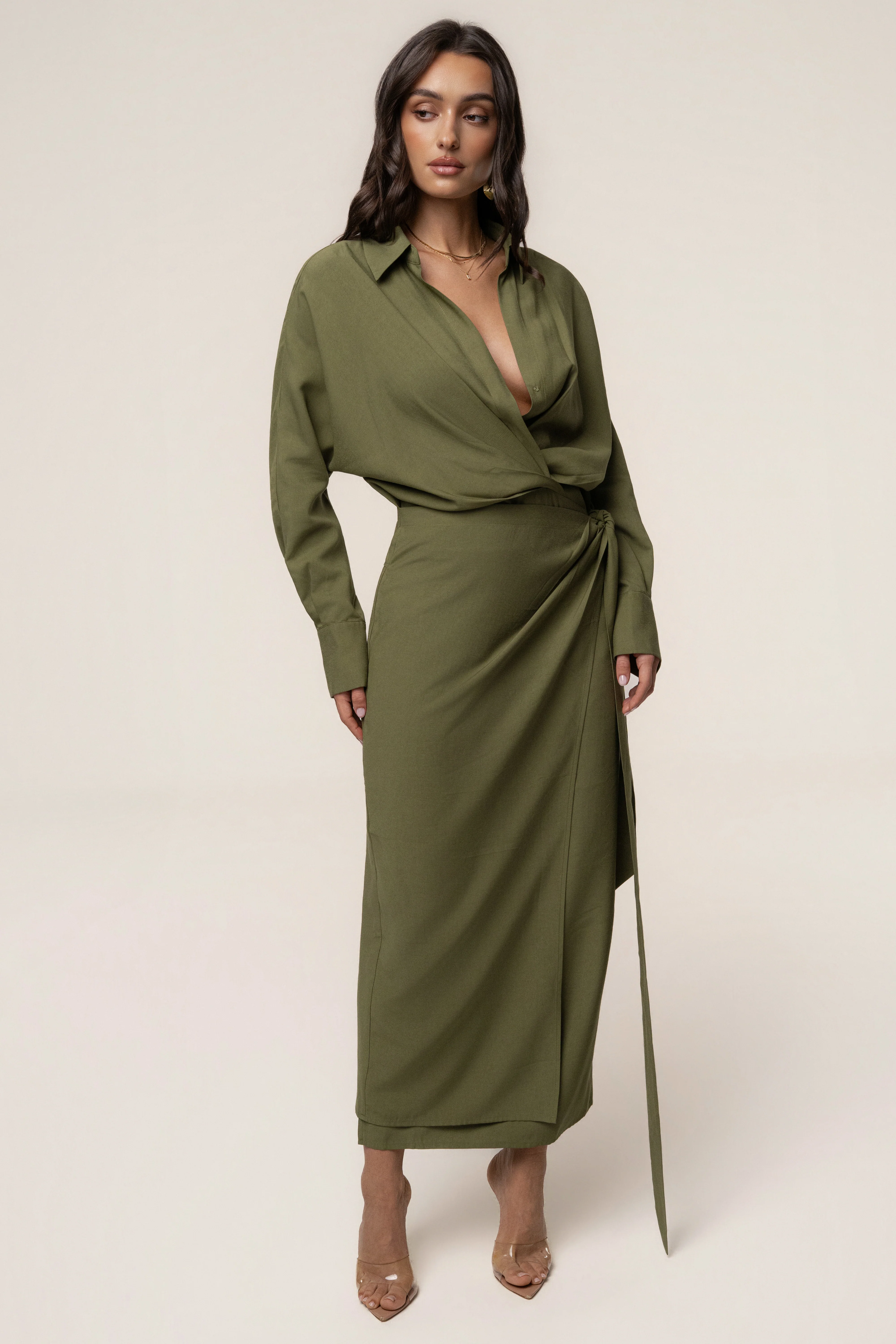 Olive Skyline Wrap Midi Dress