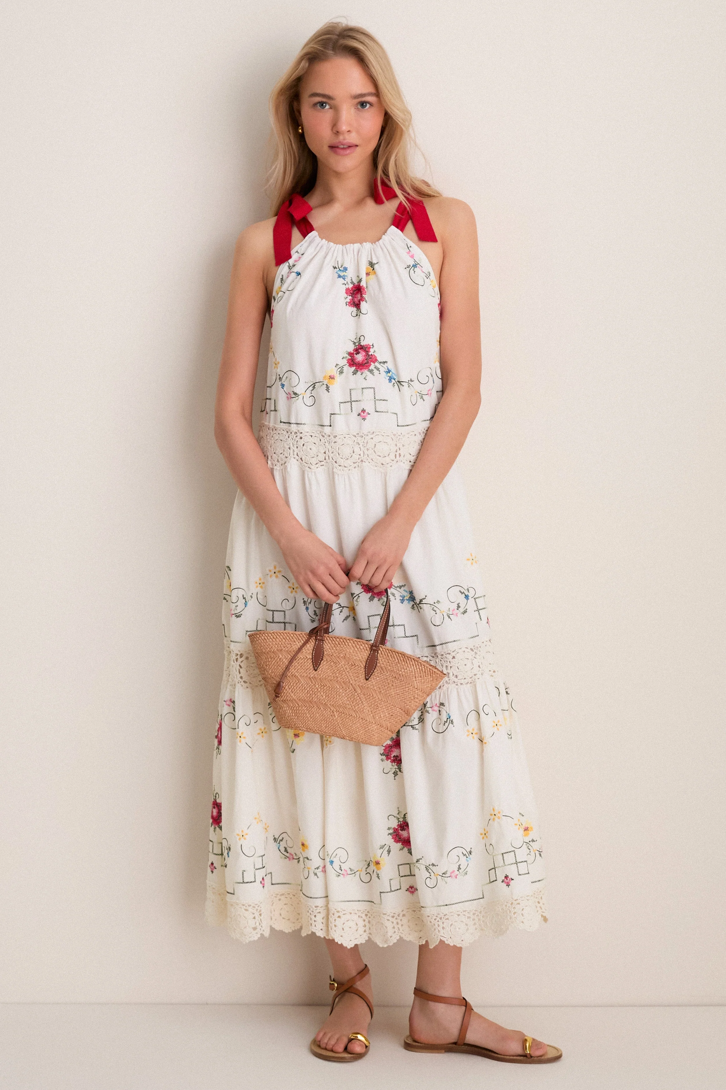 Tea Rose Embroidery Lina Midi Dress
