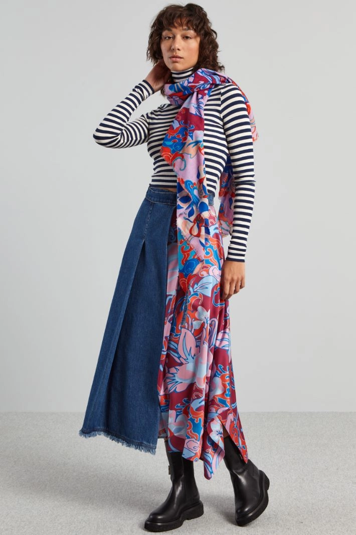 Skirt with twill panel - DENIM BLUE PINK