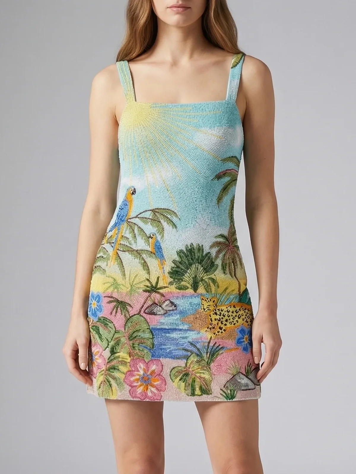 Sunshine Peacock in Jungle Blue Beaded Mini Dress