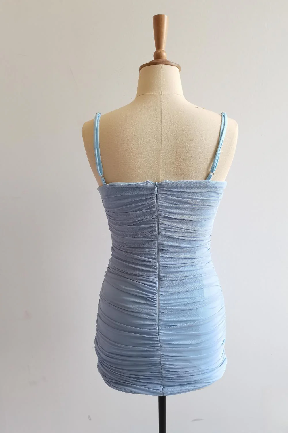Straps Light Blue Ruched Tight Mini Dress