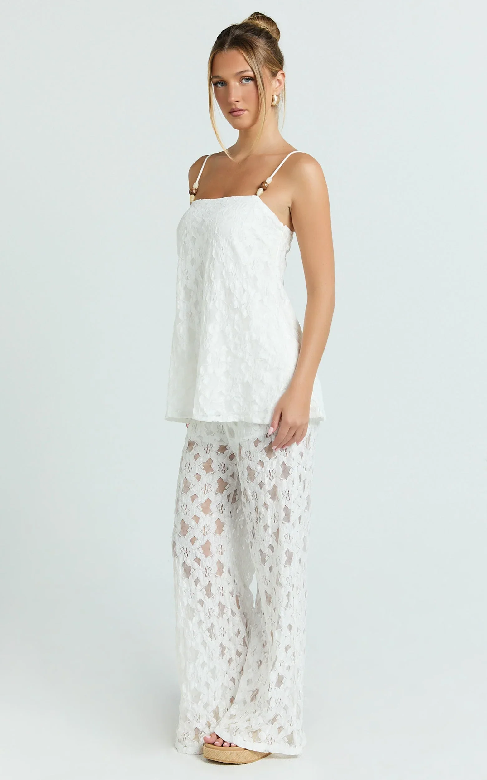 Leah Two Piece Set - Beaded Cami and Wide Leg Lace Pant Set in White