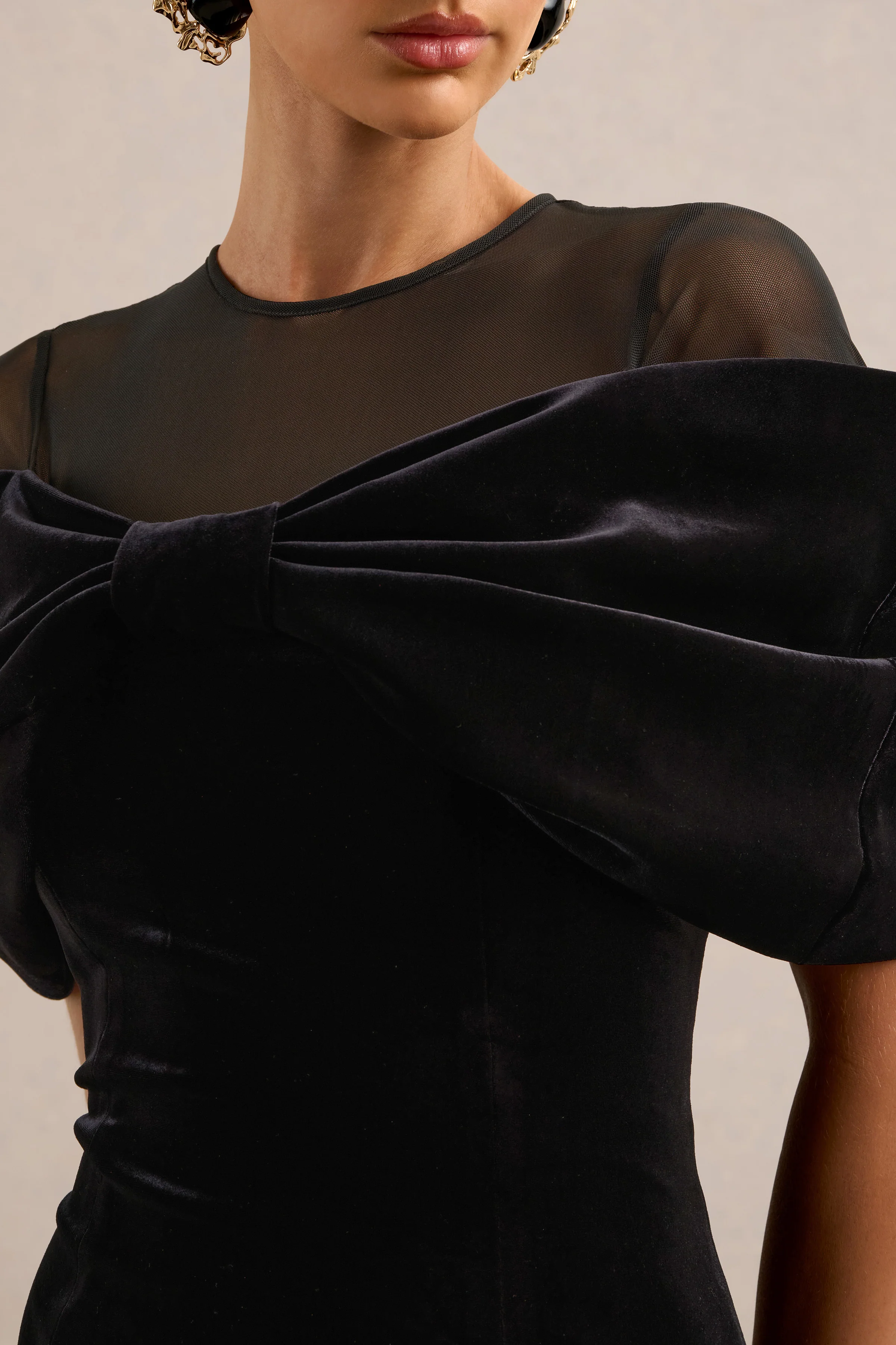 Accalia | Black Velvet Round Neck Short Sleeve Mini Dress With Mesh Panel And Bow Detail