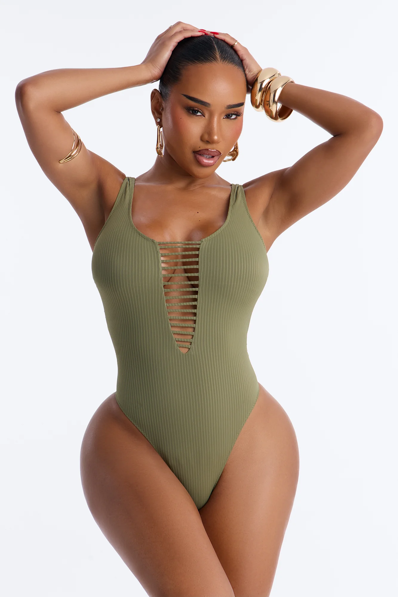 Shades On Sandy Toes Cut Out Scoop Neck 1 Piece Swimsuit - Olive